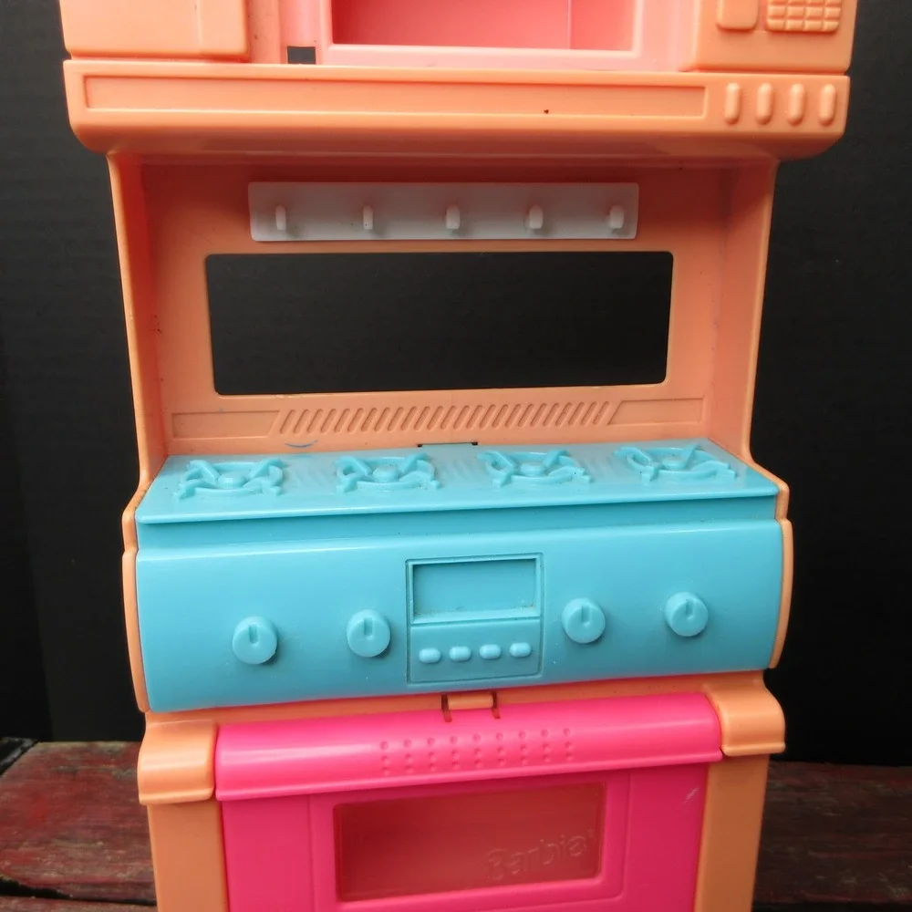 Vintage Barbie Doll Kitchen Playset Oven Stove Microwave Pink Aqua Peach Retro